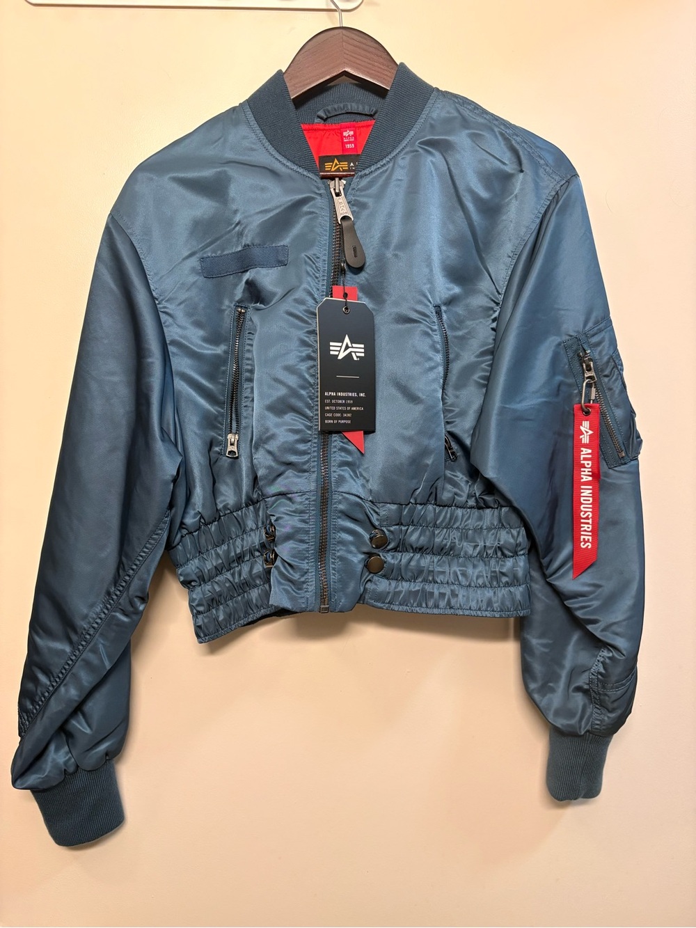 Alpha Industries Teal Cropped Bomber Jacket with Red Tag